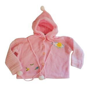 Vtg Confetti Knits Baby Girls Cardigan Sweater Size 6-12 mo hood pom pom pink